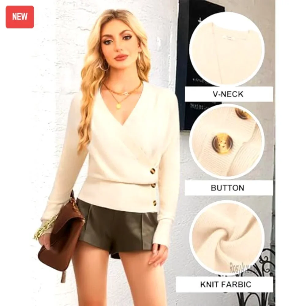 Soft V-Neck Pullover Sweater, Raglan Sleeves, Business Casual Knit Top - Picture 6 of 7